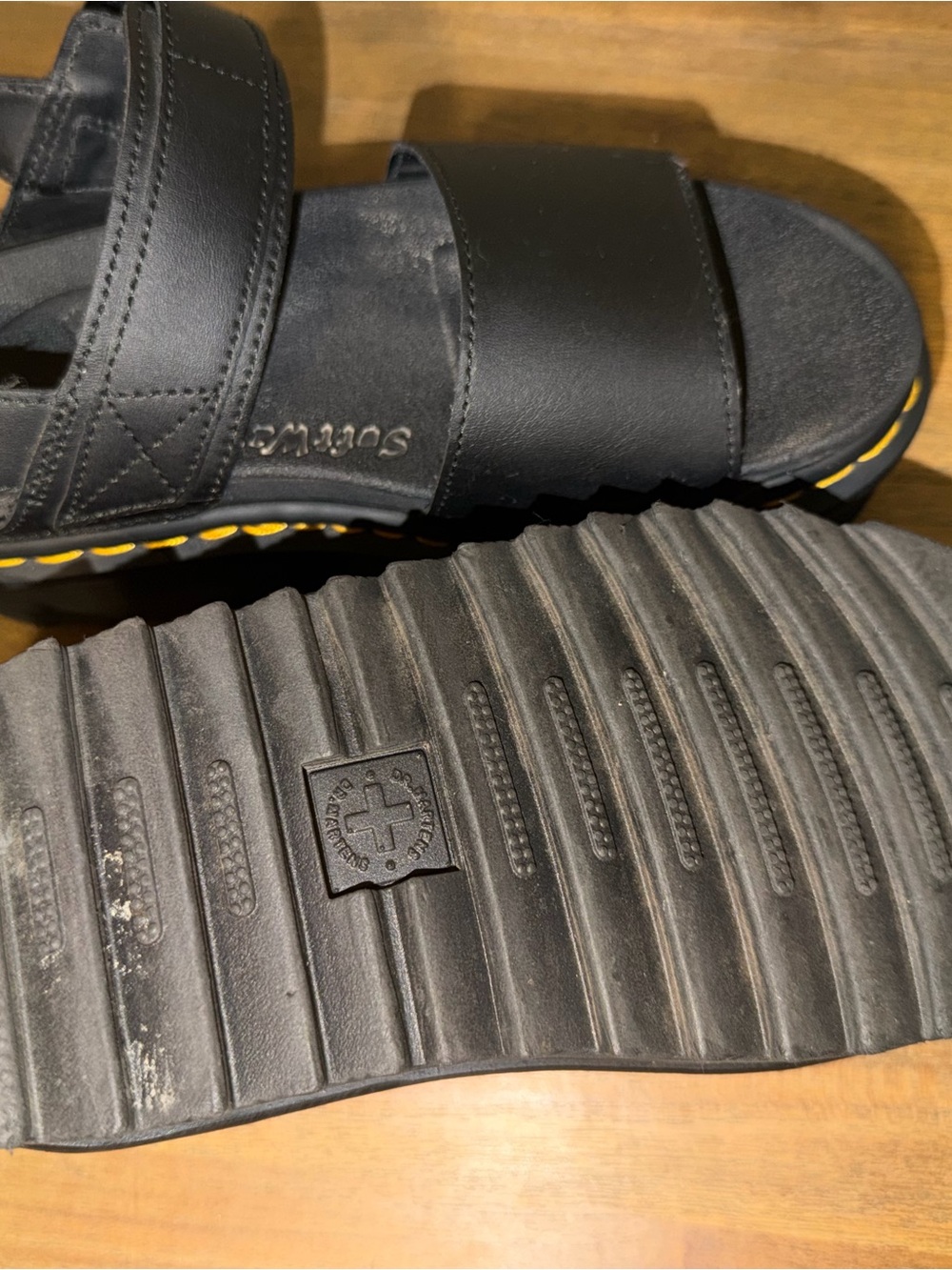 Dr. Martens Black Leather Platform Sandals with Yellow Stitching - Picture 6 of 7